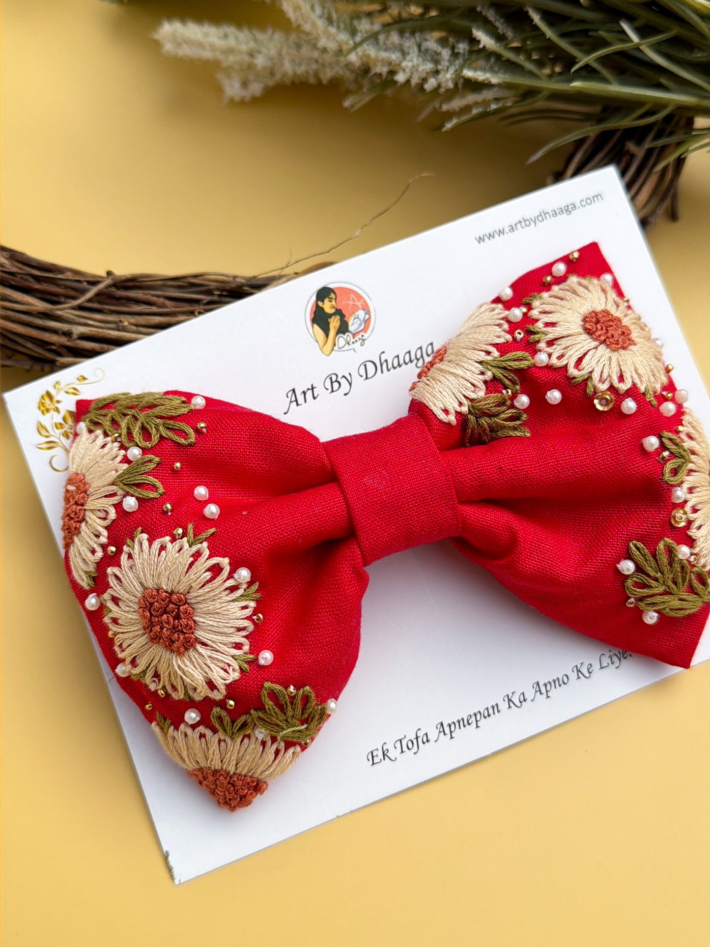 Aayra (red) – Hand-Embroidered Red Floral Hair Bow