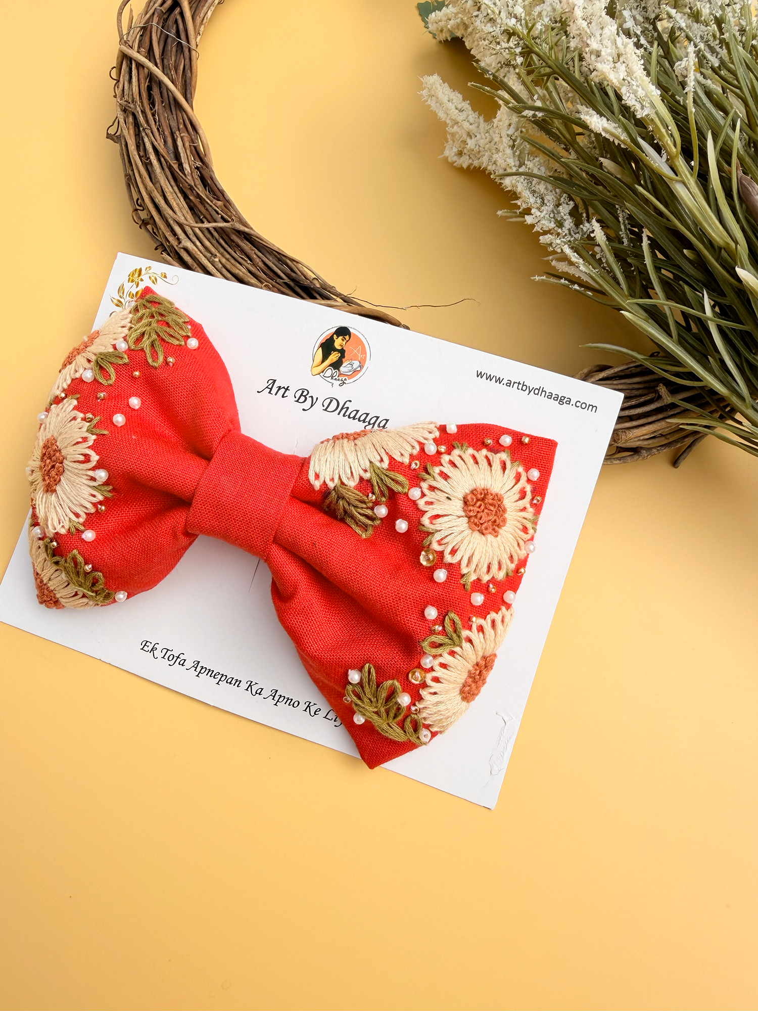 Aayra (red) – Hand-Embroidered Red Floral Hair Bow