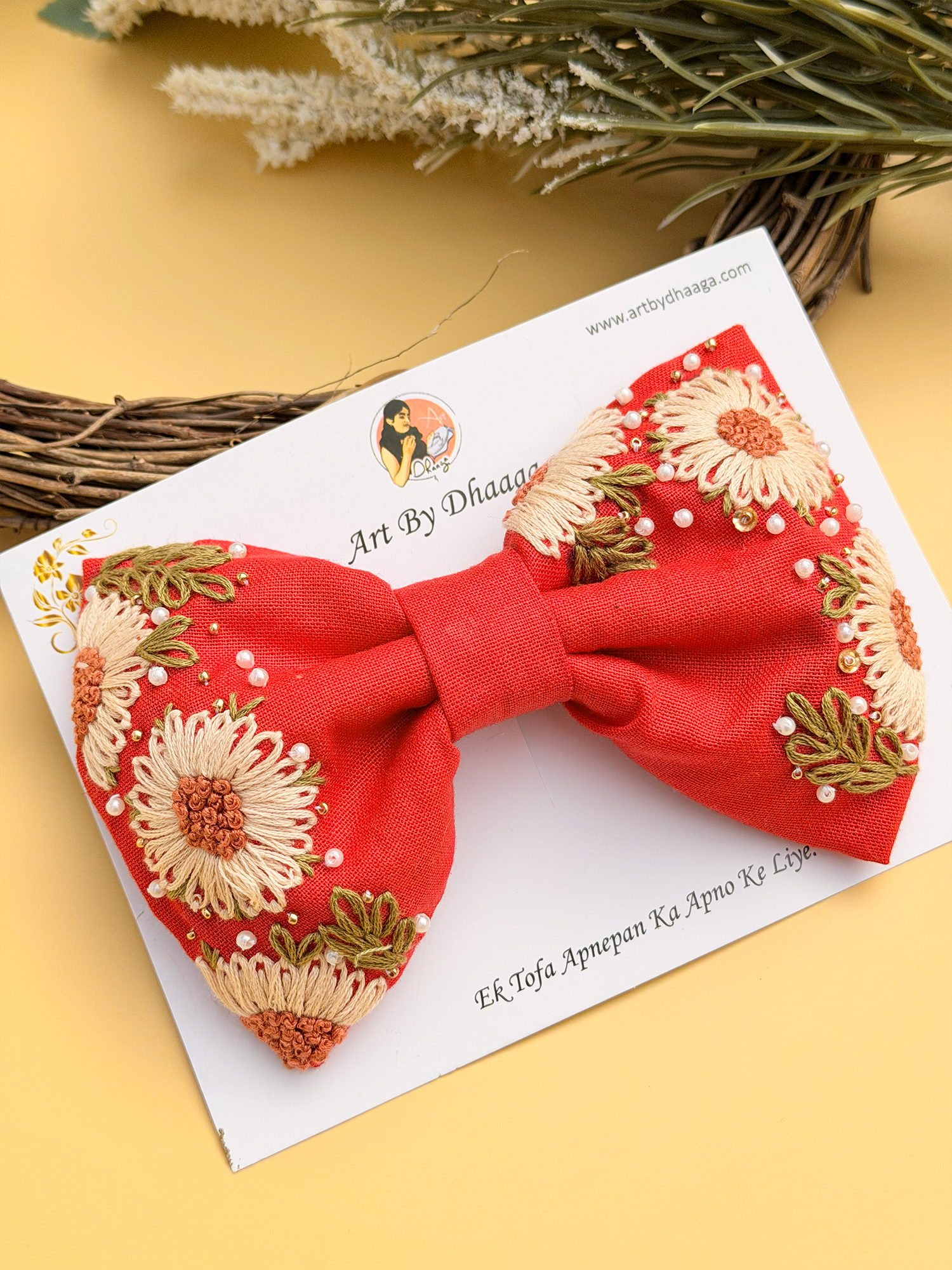 Aayra (red) – Hand-Embroidered Red Floral Hair Bow