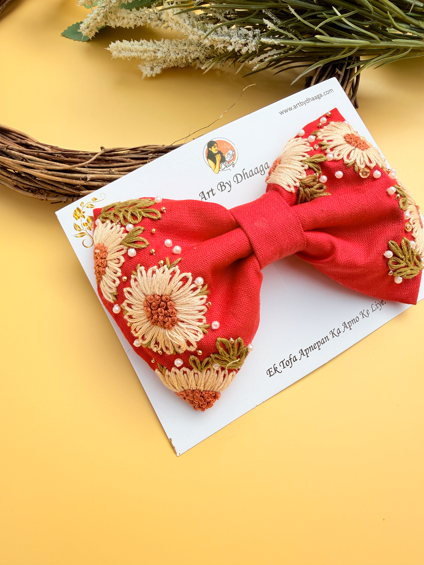 Aayra (red) – Hand-Embroidered Red Floral Hair Bow